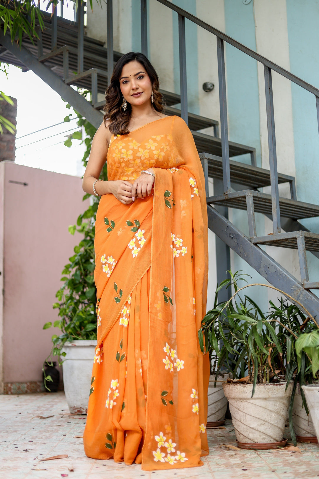 Orange Chiffon Saree with White Floral Print | Lightweight Designer Saree with Matching Blouse Piece