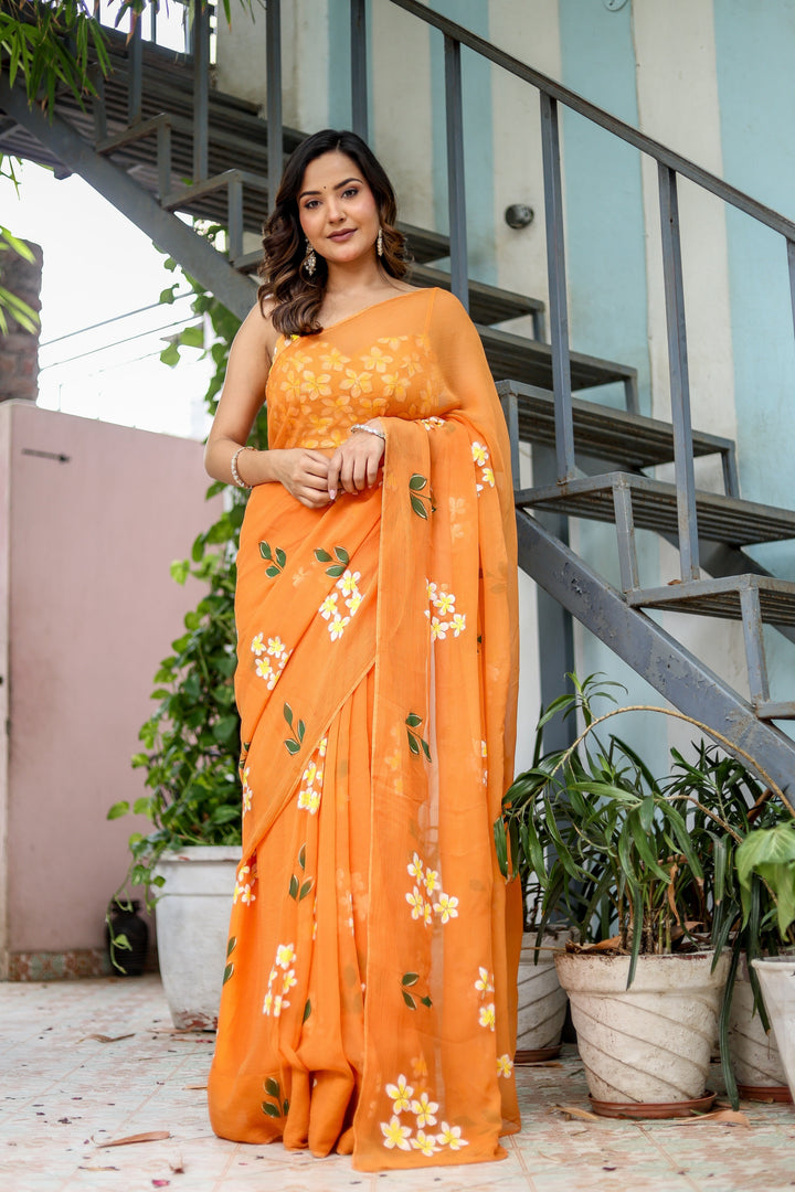 Orange Chiffon Saree with White Floral Print | Lightweight Designer Saree with Matching Blouse Piece