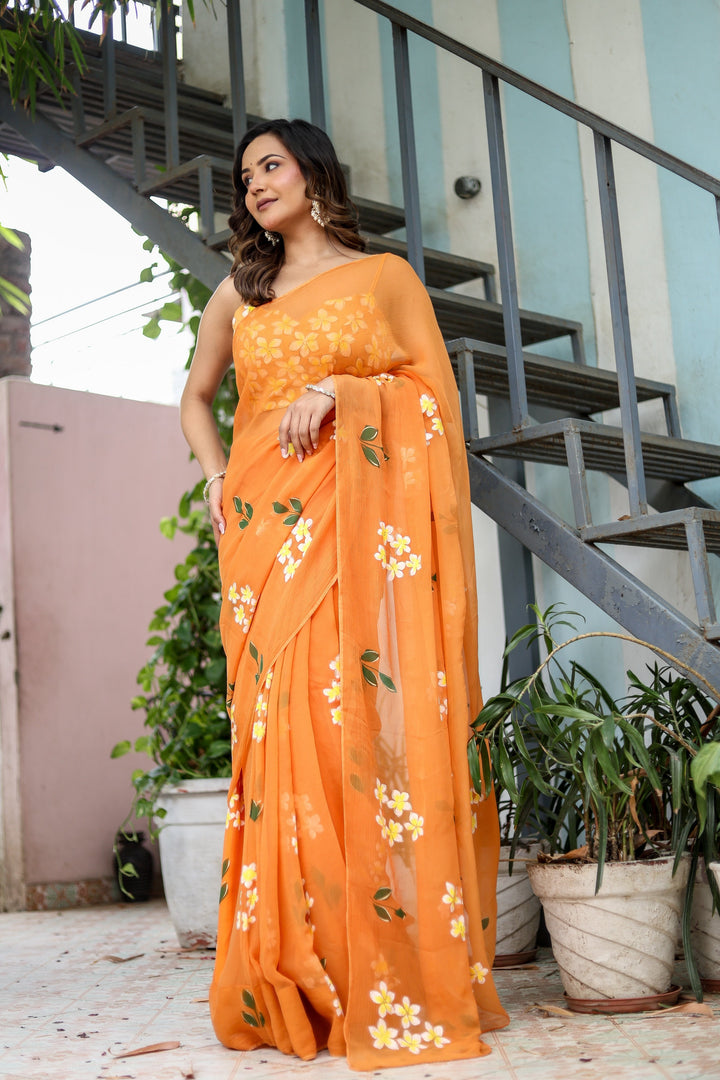 Orange Chiffon Saree with White Floral Print | Lightweight Designer Saree with Matching Blouse Piece