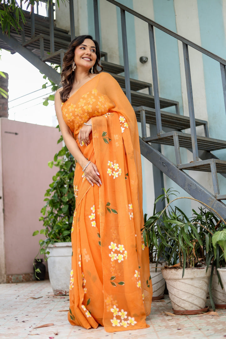 Orange Chiffon Saree with White Floral Print | Lightweight Designer Saree with Matching Blouse Piece