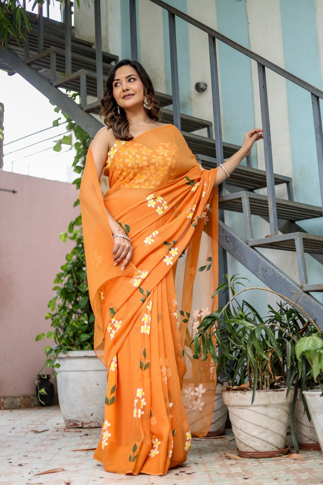 Orange Chiffon Saree with White Floral Print | Lightweight Designer Saree with Matching Blouse Piece