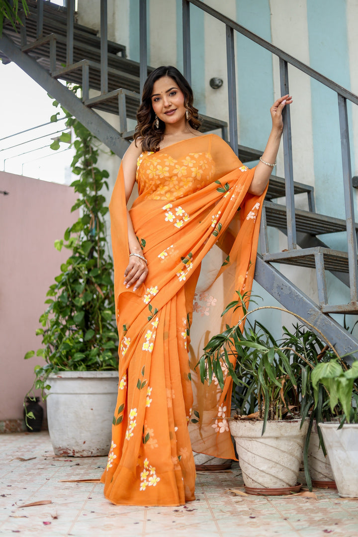Orange Chiffon Saree with White Floral Print | Lightweight Designer Saree with Matching Blouse Piece