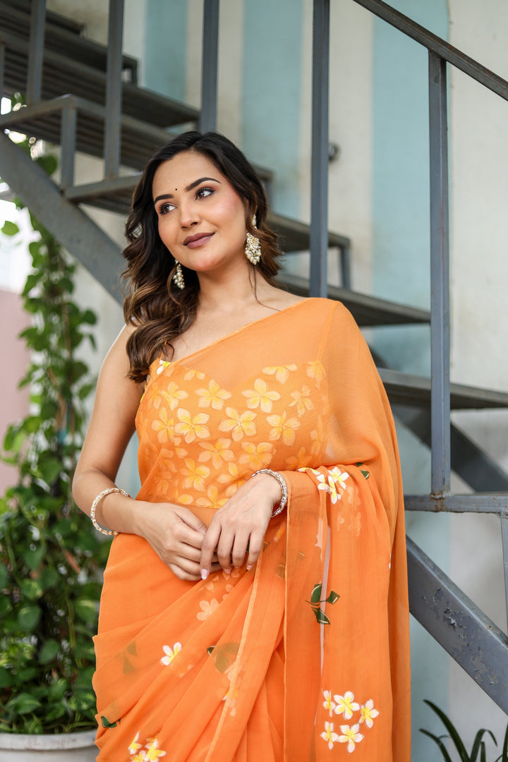 Orange Chiffon Saree with White Floral Print | Lightweight Designer Saree with Matching Blouse Piece