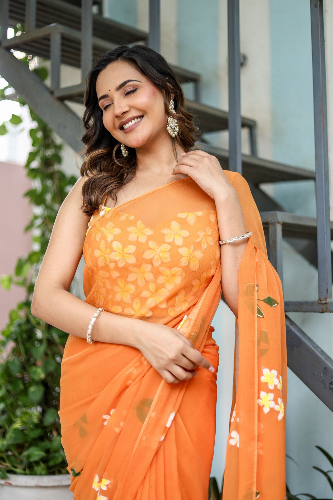 Orange Chiffon Saree with White Floral Print | Lightweight Designer Saree with Matching Blouse Piece