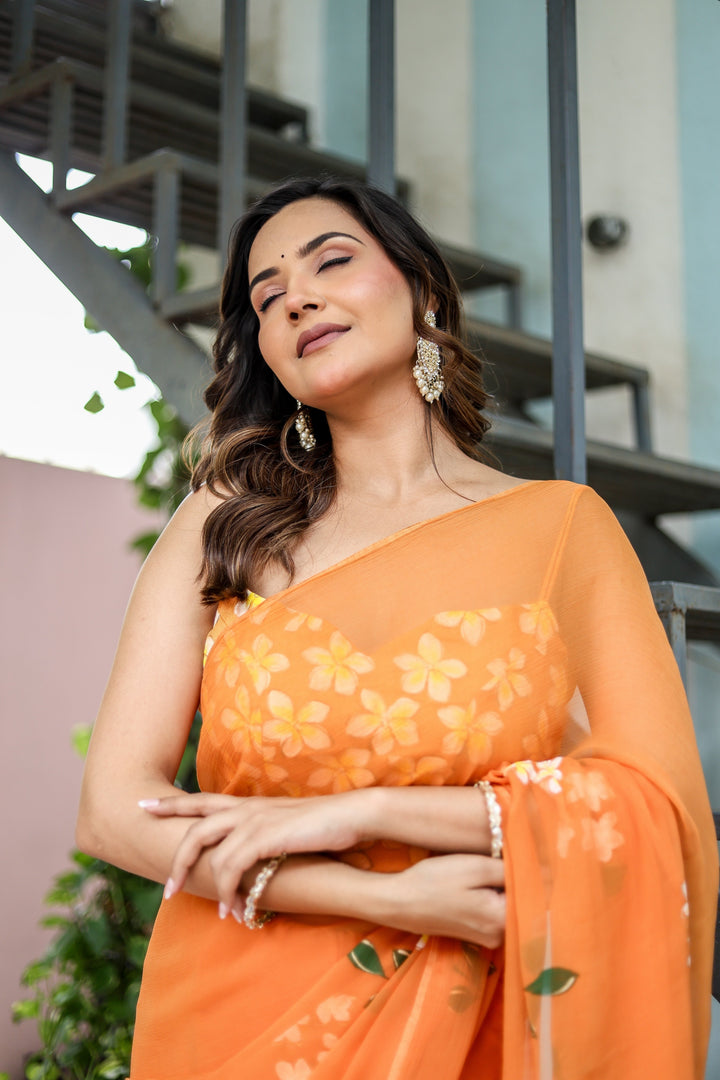 Orange Chiffon Saree with White Floral Print | Lightweight Designer Saree with Matching Blouse Piece