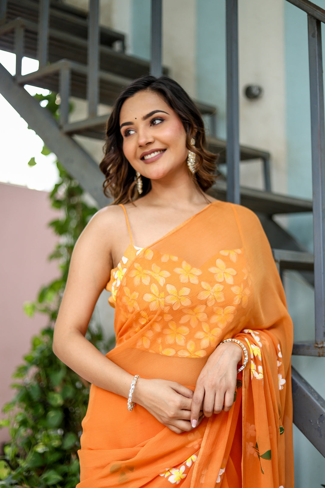 Orange Chiffon Saree with White Floral Print | Lightweight Designer Saree with Matching Blouse Piece