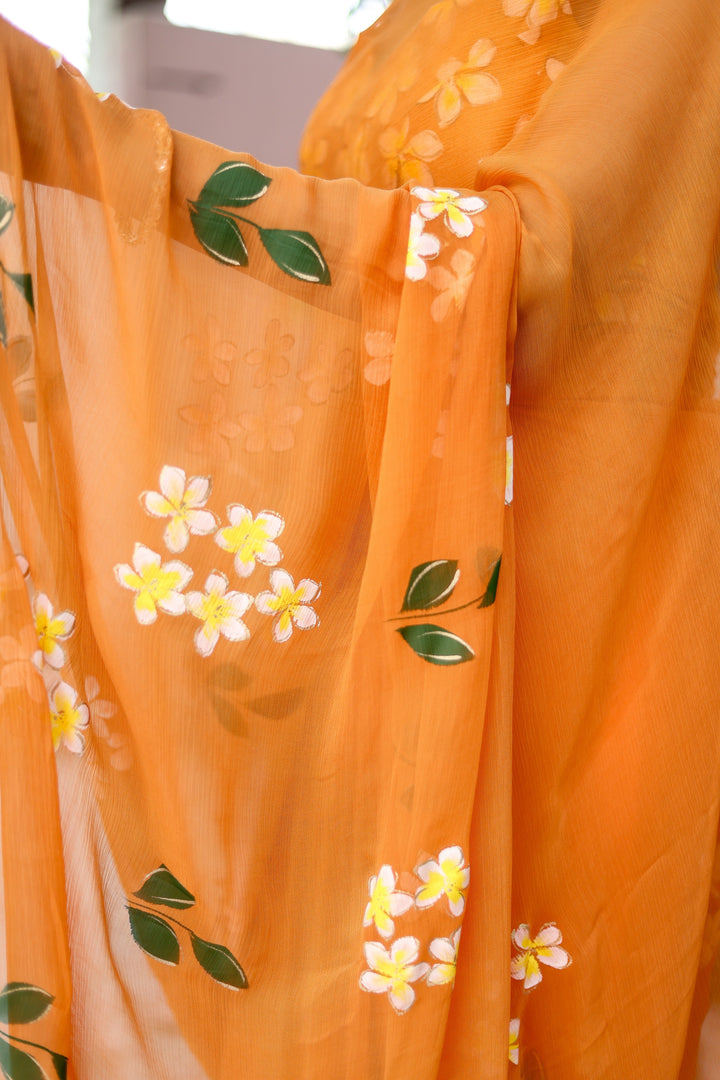 Orange Chiffon Saree with White Floral Print | Lightweight Designer Saree with Matching Blouse Piece