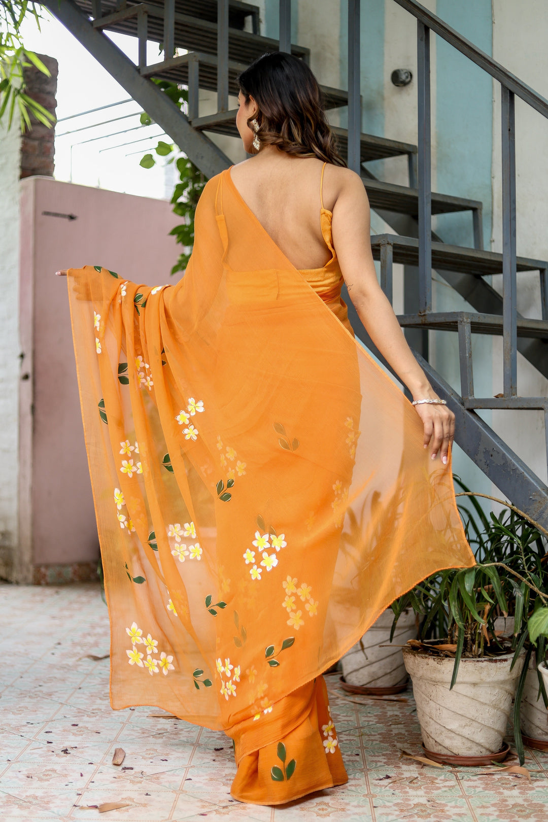 Orange Chiffon Saree with White Floral Print | Lightweight Designer Saree with Matching Blouse Piece