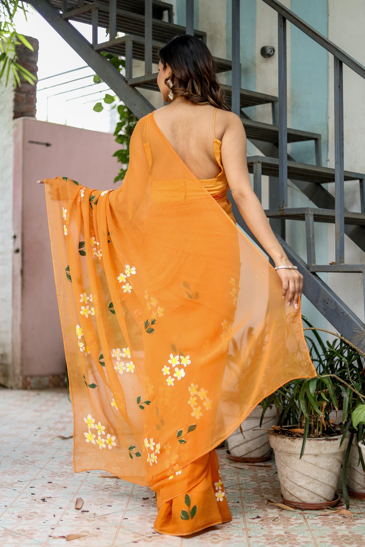 Orange Chiffon Saree with White Floral Print | Lightweight Designer Saree with Matching Blouse Piece