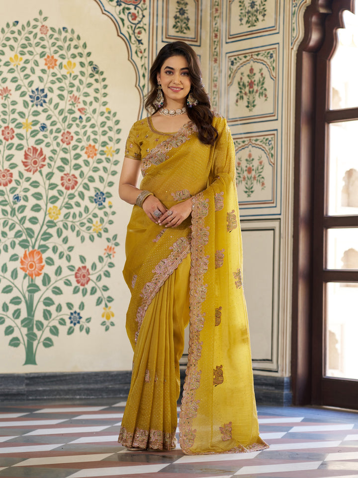 Mustard Yellow Fendy Satin Embroidered Saree with Elephant Motifs & Zari Border | Designer Festive Saree with Tassels & Heavy Embroidered Blouse