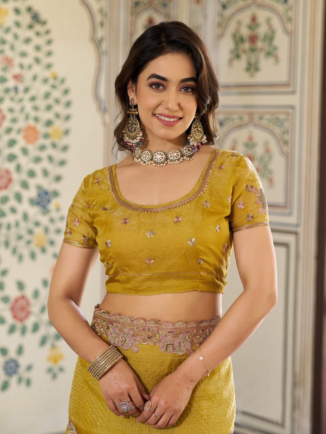 Mustard Yellow Fendy Satin Embroidered Saree with Elephant Motifs & Zari Border | Designer Festive Saree with Tassels & Heavy Embroidered Blouse