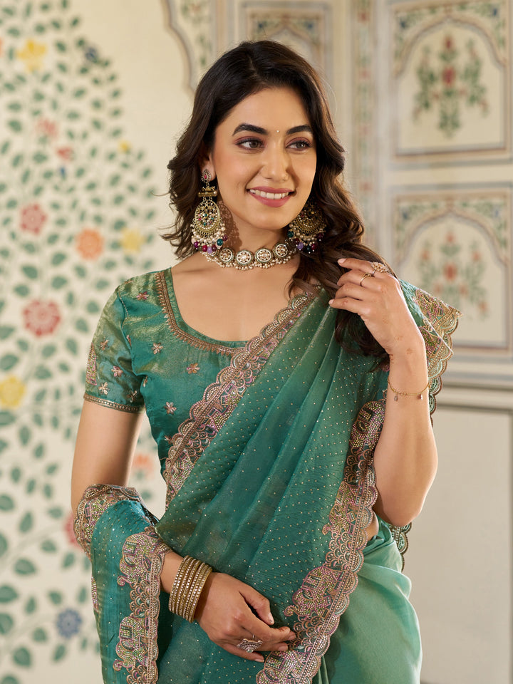 Sea Green Fendy Satin Embroidered Saree with Elephant Motifs & Heavy Zari Border | Designer Festive Wear Saree with Tassels & Embroidered Blouse