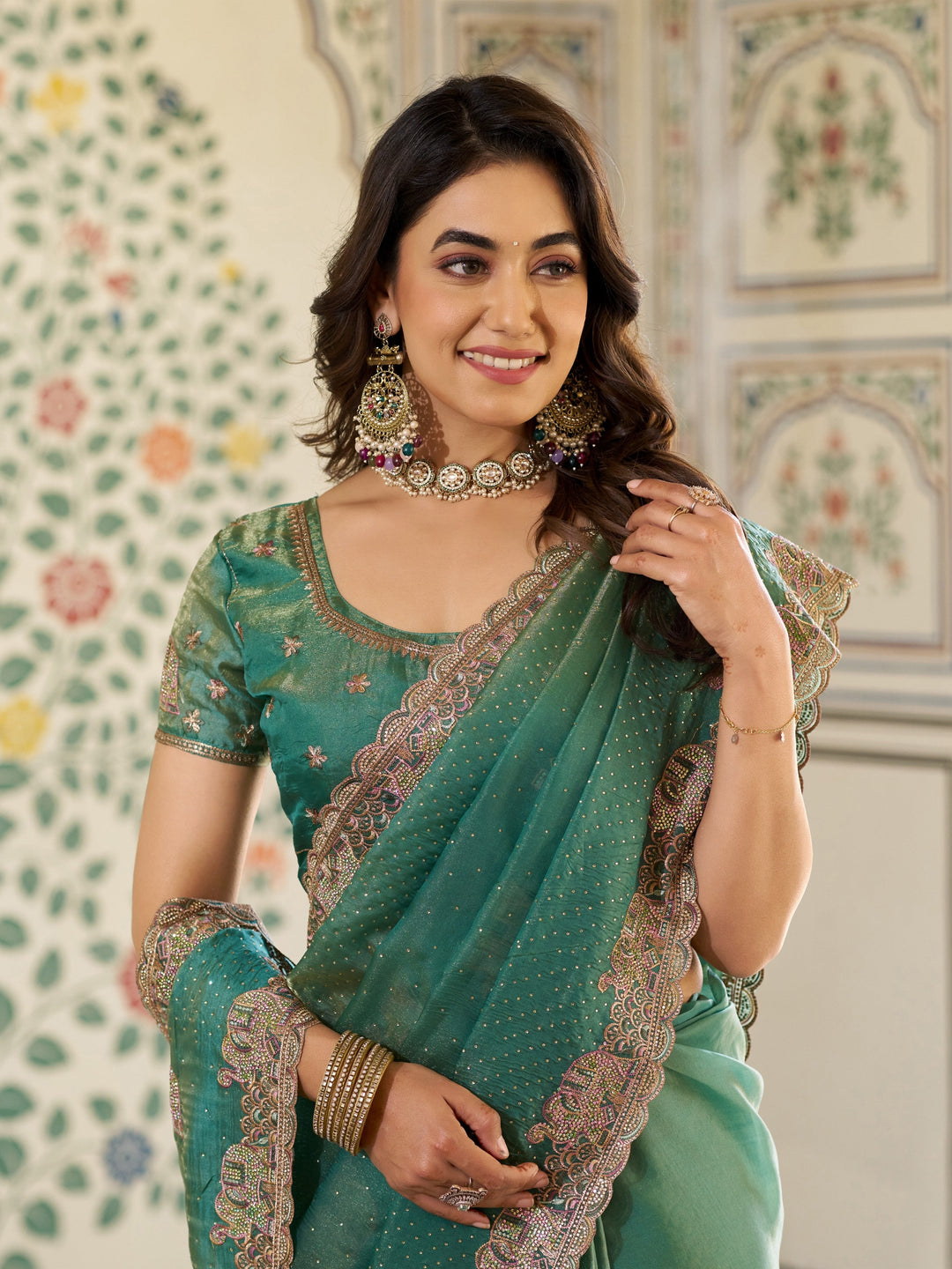 Sea Green Fendy Satin Embroidered Saree with Elephant Motifs & Heavy Zari Border | Designer Festive Wear Saree with Tassels & Embroidered Blouse