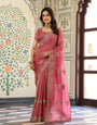 Dusty Rose Pink Fendy Satin Embroidered Saree with Elephant Motifs & Zari Border | Designer Festive Saree with Tassels & Heavy Embroidered Blouse