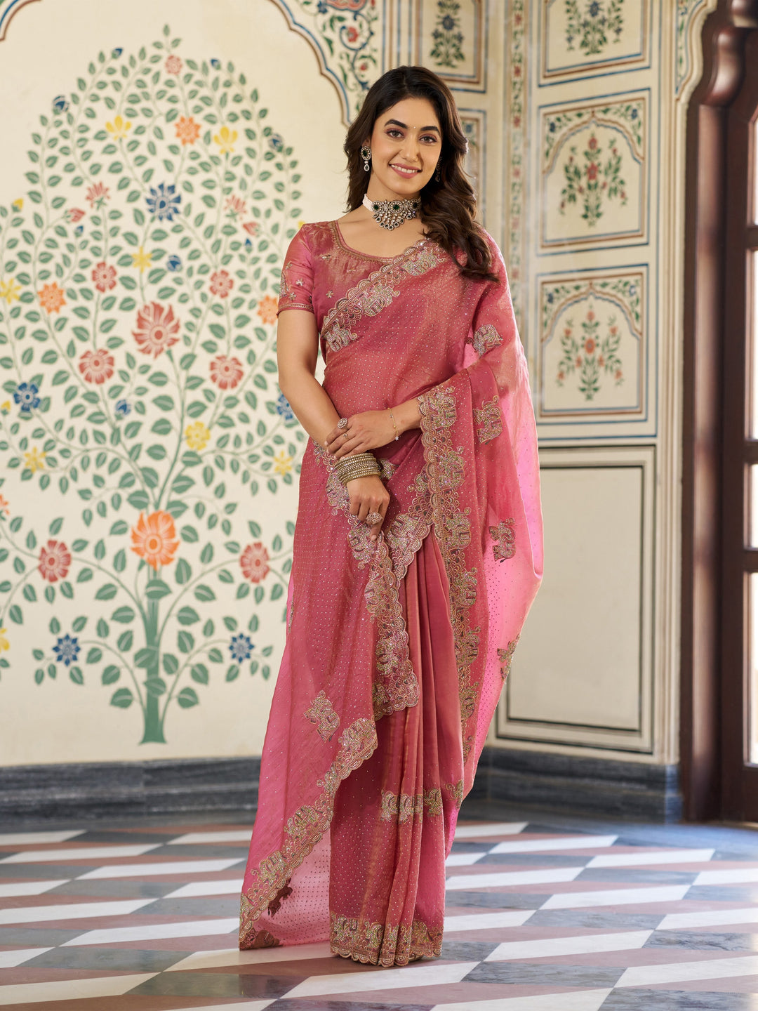 Dusty Rose Pink Fendy Satin Embroidered Saree with Elephant Motifs & Zari Border | Designer Festive Saree with Tassels & Heavy Embroidered Blouse