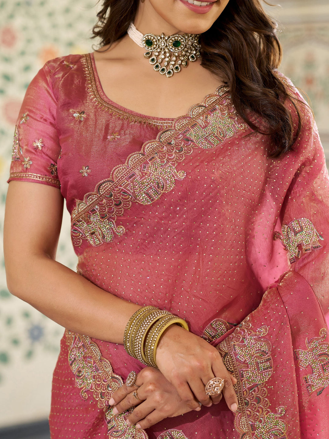Dusty Rose Pink Fendy Satin Embroidered Saree with Elephant Motifs & Zari Border | Designer Festive Saree with Tassels & Heavy Embroidered Blouse