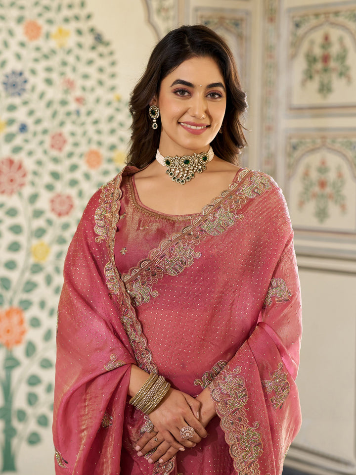 Dusty Rose Pink Fendy Satin Embroidered Saree with Elephant Motifs & Zari Border | Designer Festive Saree with Tassels & Heavy Embroidered Blouse