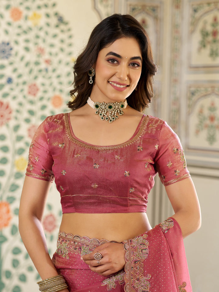 Dusty Rose Pink Fendy Satin Embroidered Saree with Elephant Motifs & Zari Border | Designer Festive Saree with Tassels & Heavy Embroidered Blouse