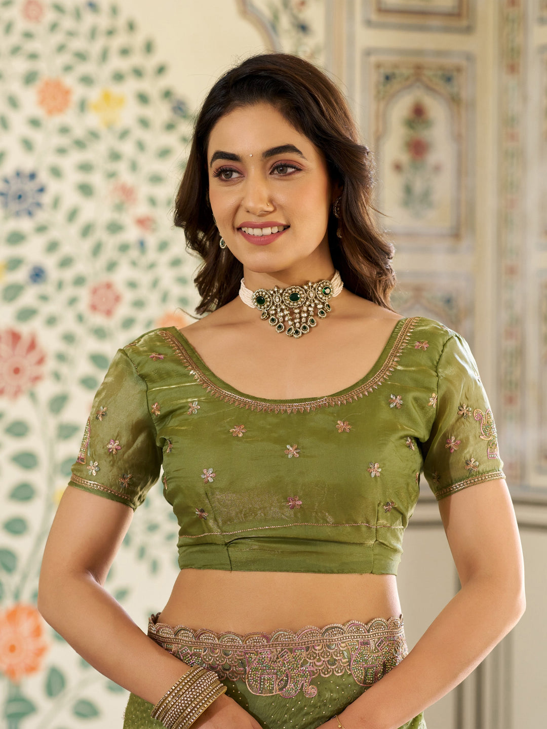 Olive Green Fendy Satin Embroidered Saree with Elephant Motifs & Zari Border | Designer Festive Saree with Tassels & Heavy Embroidered Blouse
