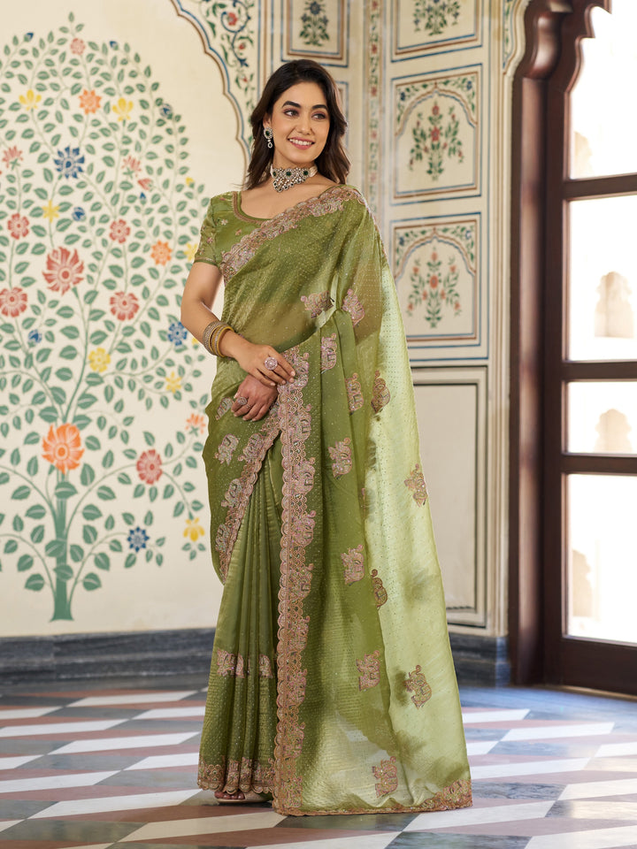 Olive Green Fendy Satin Embroidered Saree with Elephant Motifs & Zari Border | Designer Festive Saree with Tassels & Heavy Embroidered Blouse