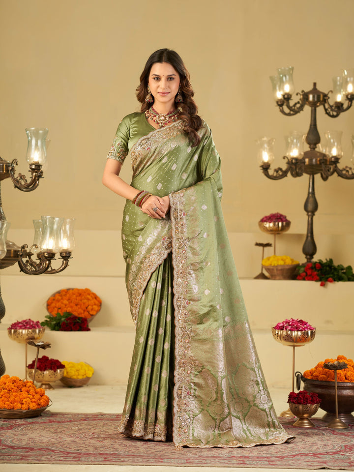 Pista Green Banarasi Silk Saree with Heavy Embroidered Border & Rich Zari Woven Pallu | Designer Wedding Festive Saree