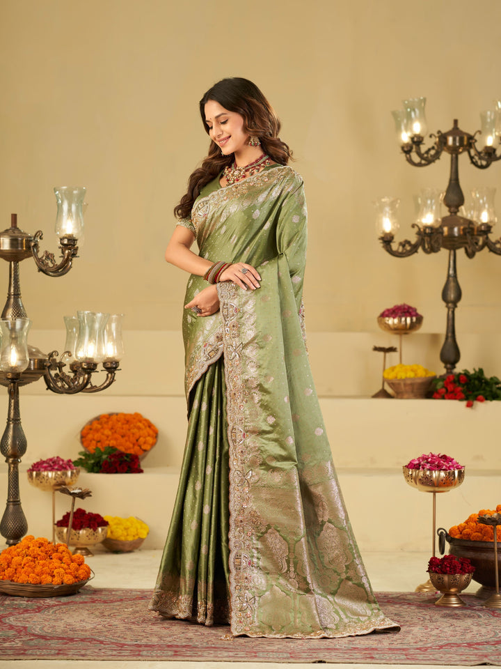Pista Green Banarasi Silk Saree with Heavy Embroidered Border & Rich Zari Woven Pallu | Designer Wedding Festive Saree