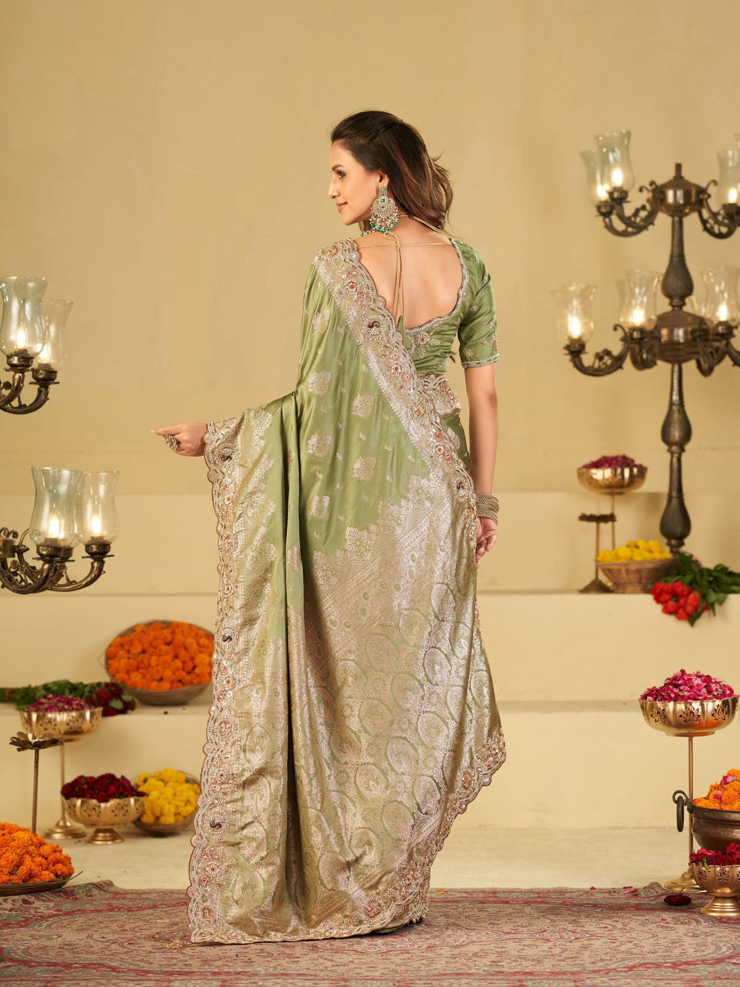 Pastel Green Banarasi Silk Saree with Heavy Embroidered Scallop Border & Rich Zari Woven Pallu | Designer Wedding Festive Saree