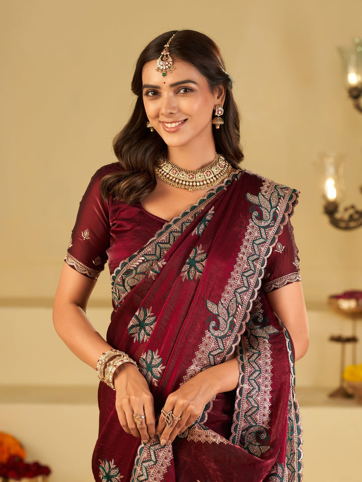 Wine Designer Fendy Satin Saree with Heavy Embroidered Border | Premium Festive Party Wear Saree with Floral Embroidery & Matching Blouse