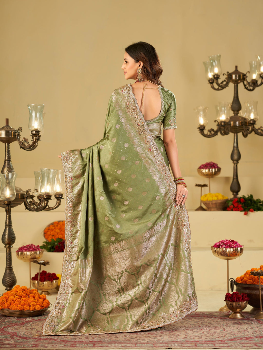 Pista Green Banarasi Silk Saree with Heavy Embroidered Border & Rich Zari Woven Pallu | Designer Wedding Festive Saree