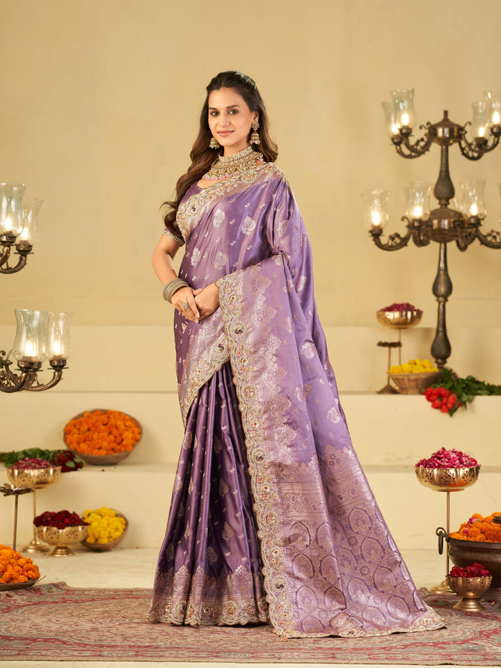 Lavender Purple Banarasi Silk Saree with Heavy Embroidered Border & Rich Zari Woven Pallu | Designer Wedding Festive Saree