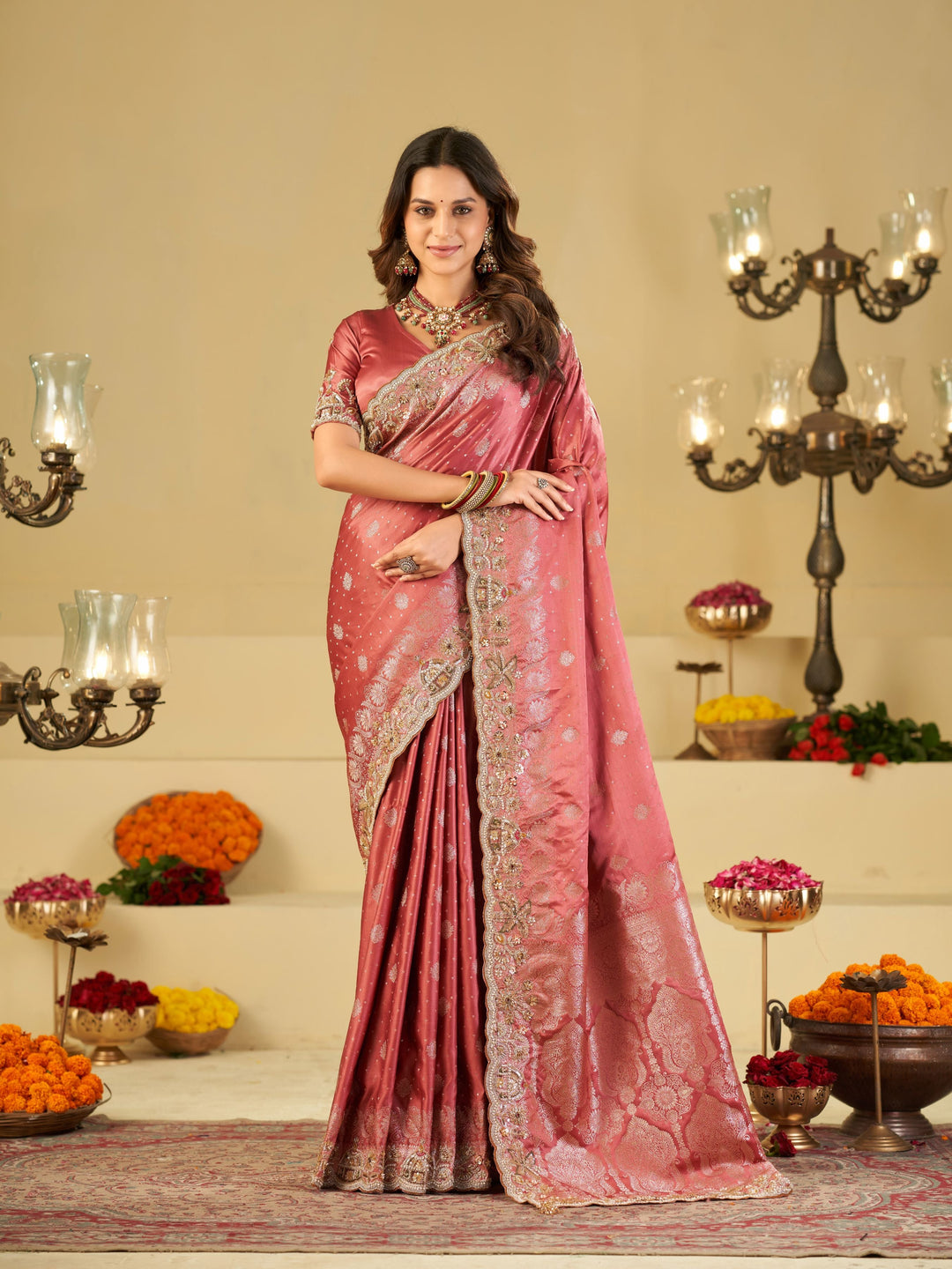 Rose Pink Banarasi Silk Saree with Heavy Embroidered Border & Rich Zari Woven Pallu | Designer Wedding Festive Saree