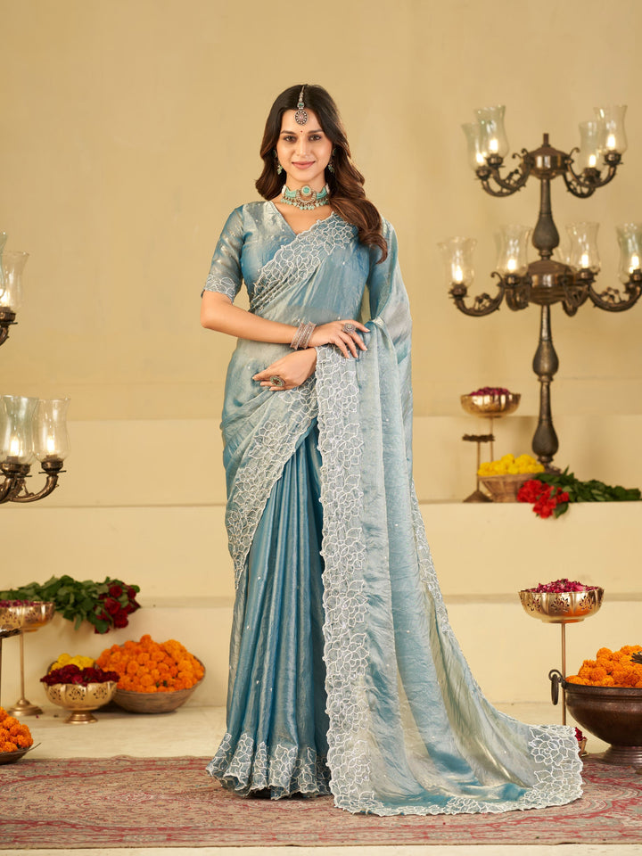 Sky Blue Fendy Satin Saree with White Floral Embroidery Border | Elegant Designer Party Wear Saree with Blouse