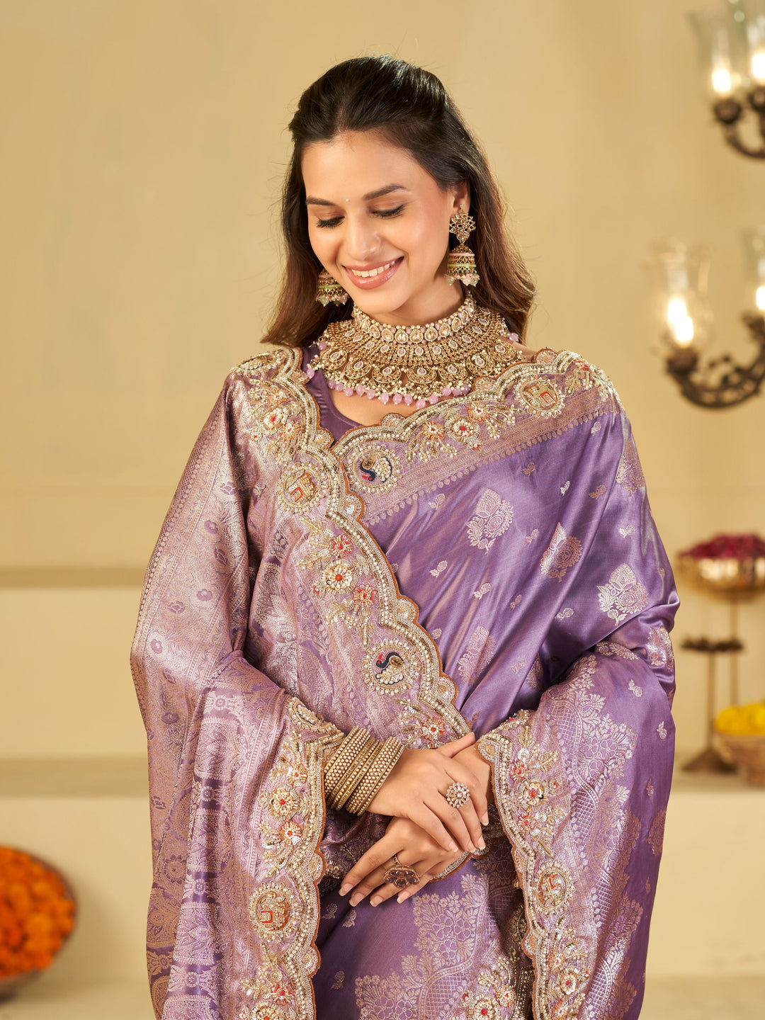 Lavender Purple Banarasi Silk Saree with Heavy Embroidered Border & Rich Zari Woven Pallu | Designer Wedding Festive Saree