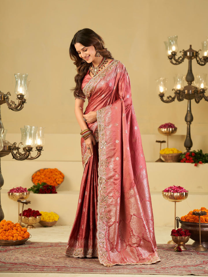 Rose Pink Banarasi Silk Saree with Heavy Embroidered Border & Rich Zari Woven Pallu | Designer Wedding Festive Saree
