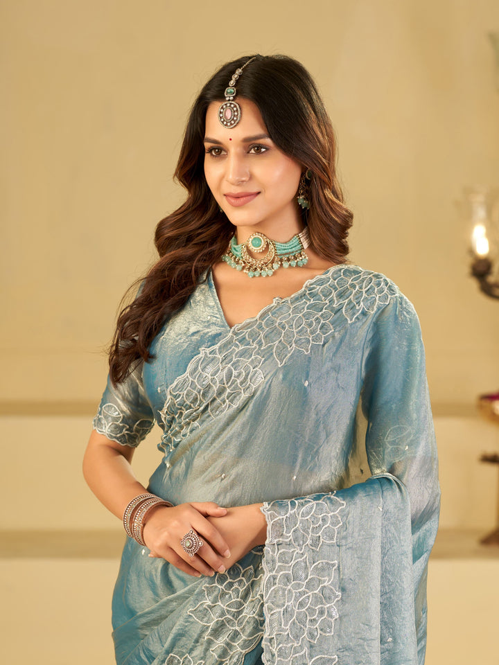 Sky Blue Fendy Satin Saree with White Floral Embroidery Border | Elegant Designer Party Wear Saree with Blouse