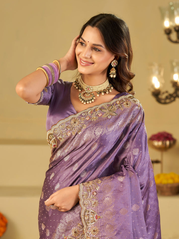 Lavender Banarasi Silk Saree with Heavy Embroidered Border & Rich Zari Woven Pallu | Designer Festive Wedding Saree