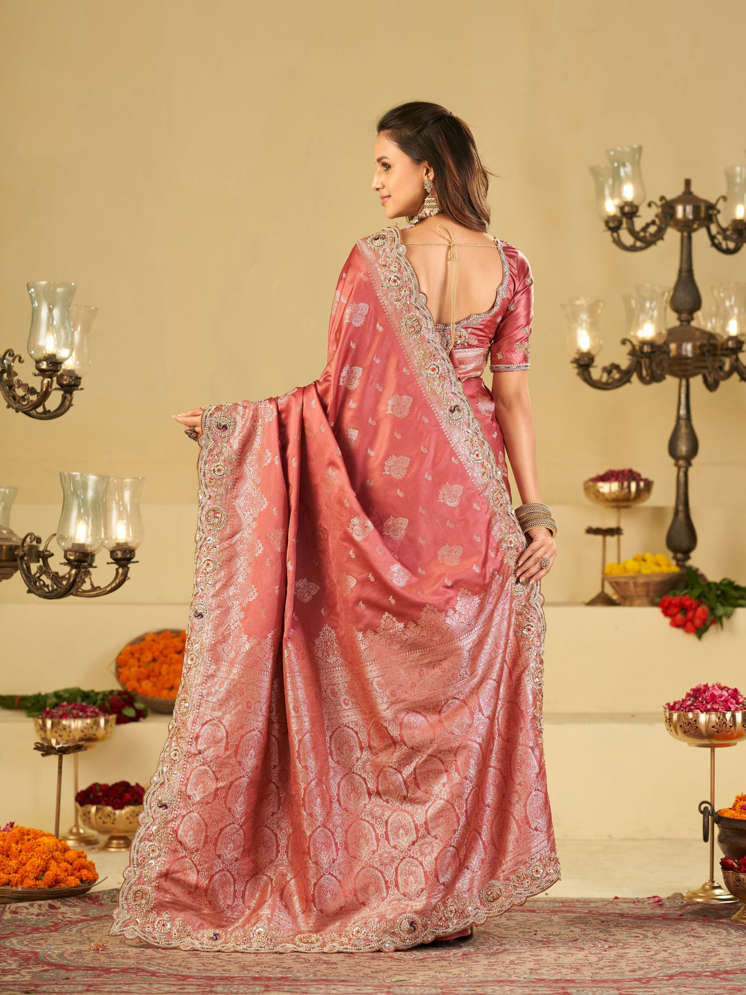 Dusty Rose Pink Banarasi Silk Saree with Heavy Embroidered Scallop Border & Rich Zari Woven Pallu | Designer Wedding Festive Saree