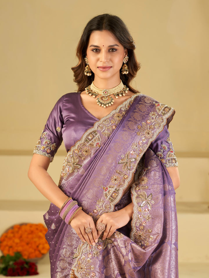 Lavender Banarasi Silk Saree with Heavy Embroidered Border & Rich Zari Woven Pallu | Designer Festive Wedding Saree