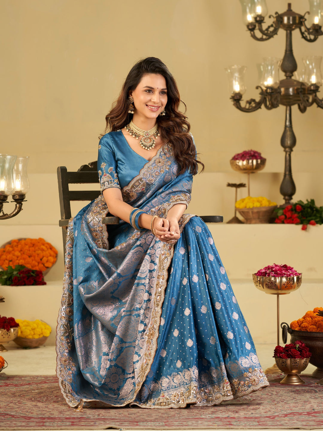 Royal Blue Banarasi Silk Saree with Heavy Embroidered Border & Rich Zari Woven Pallu | Designer Wedding Festive Saree
