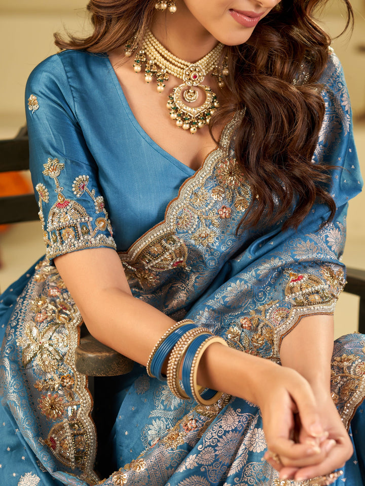Royal Blue Banarasi Silk Saree with Heavy Embroidered Border & Rich Zari Woven Pallu | Designer Wedding Festive Saree