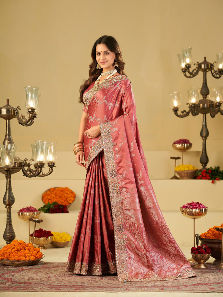 Rose Pink Banarasi Silk Saree with Heavy Embroidered Border & Rich Zari Woven Pallu | Designer Festive Wedding Saree
