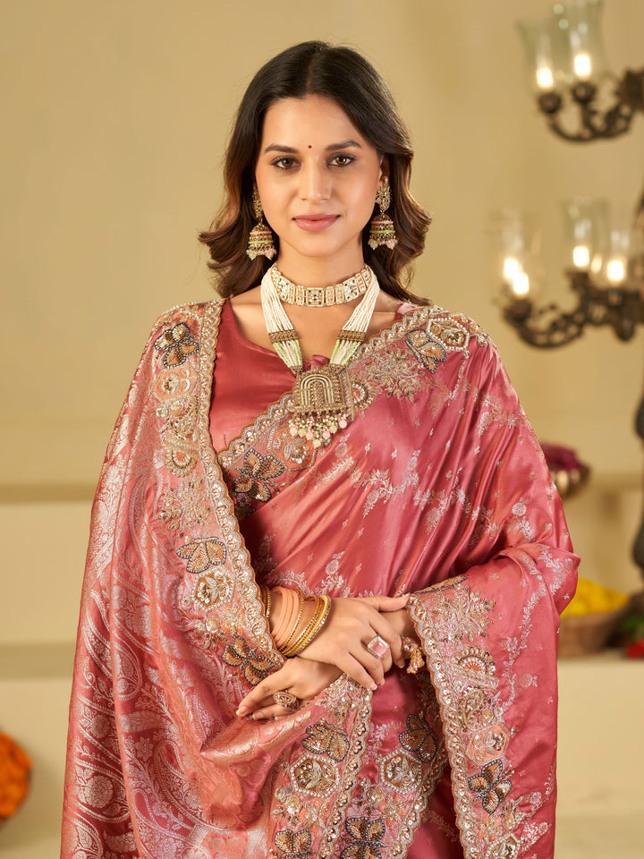 Rose Pink Banarasi Silk Saree with Heavy Embroidered Border & Rich Zari Woven Pallu | Designer Festive Wedding Saree