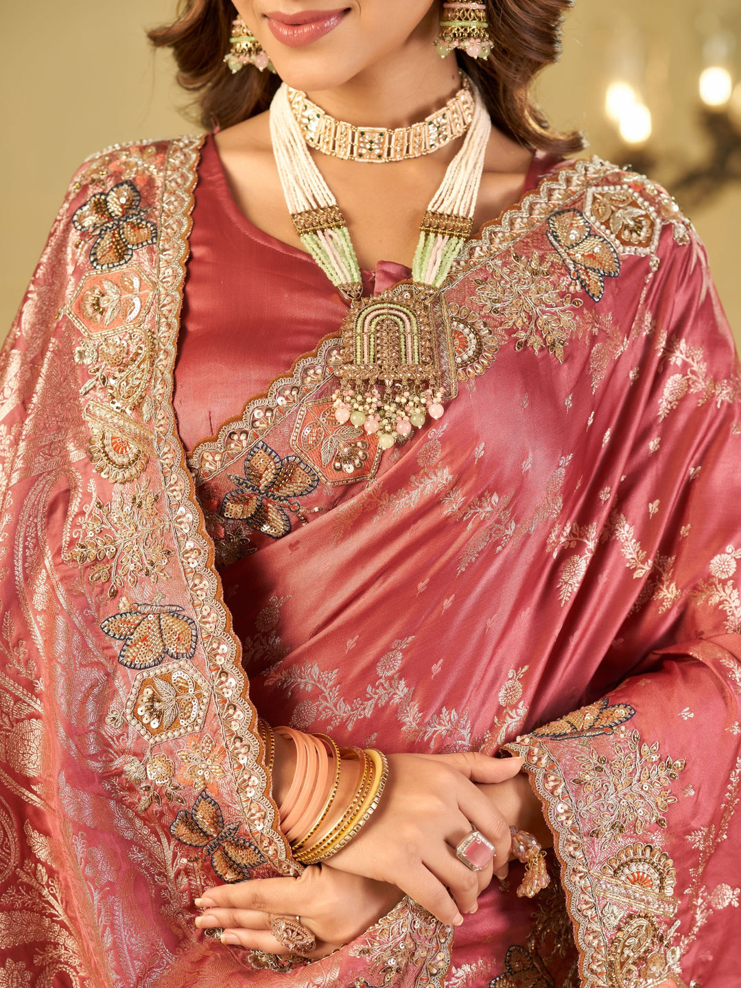 Rose Pink Banarasi Silk Saree with Heavy Embroidered Border & Rich Zari Woven Pallu | Designer Festive Wedding Saree