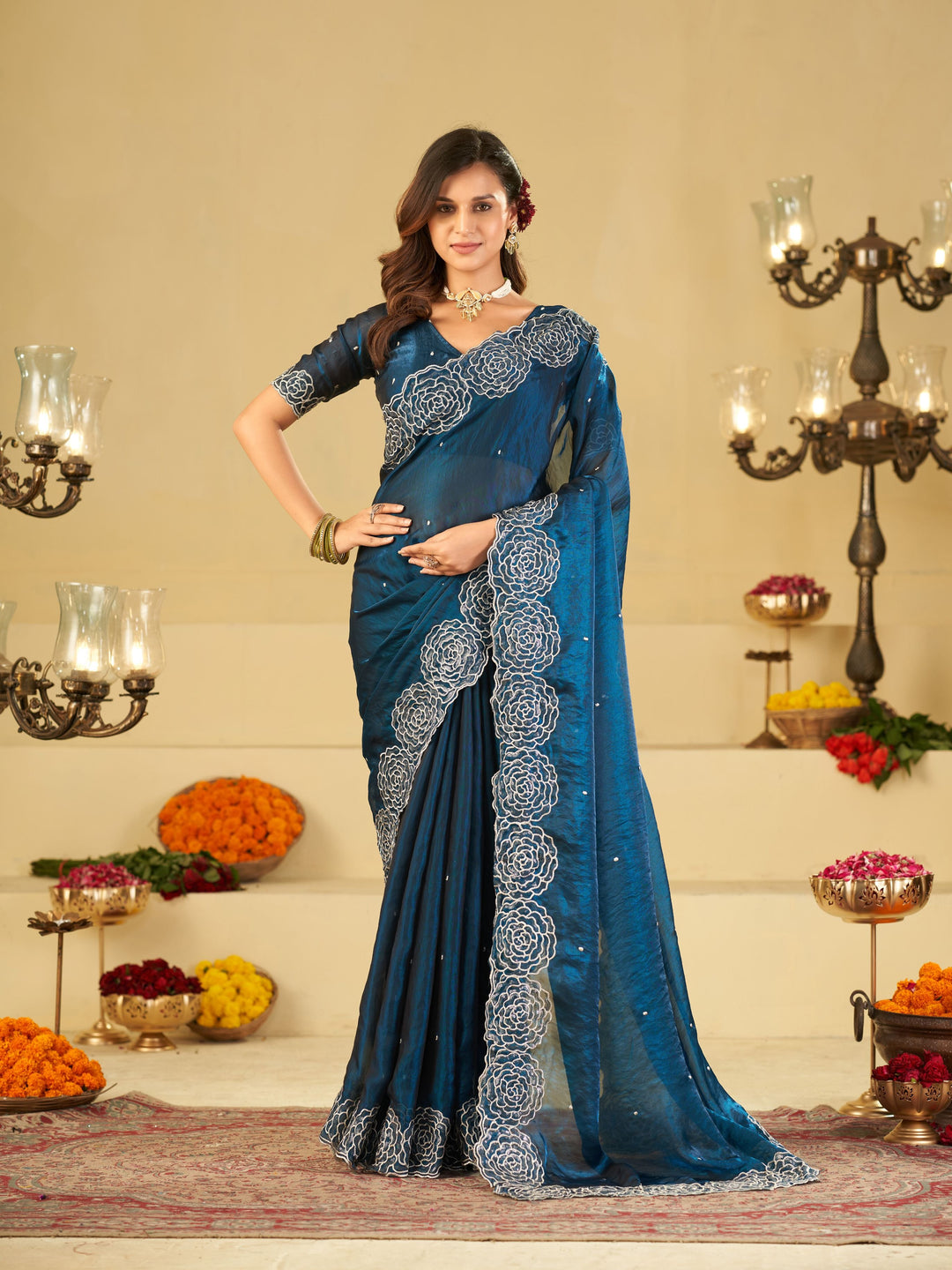Royal Blue Fendy Satin Saree with White Floral Embroidery Border | Elegant Designer Party Wear Saree with Blouse