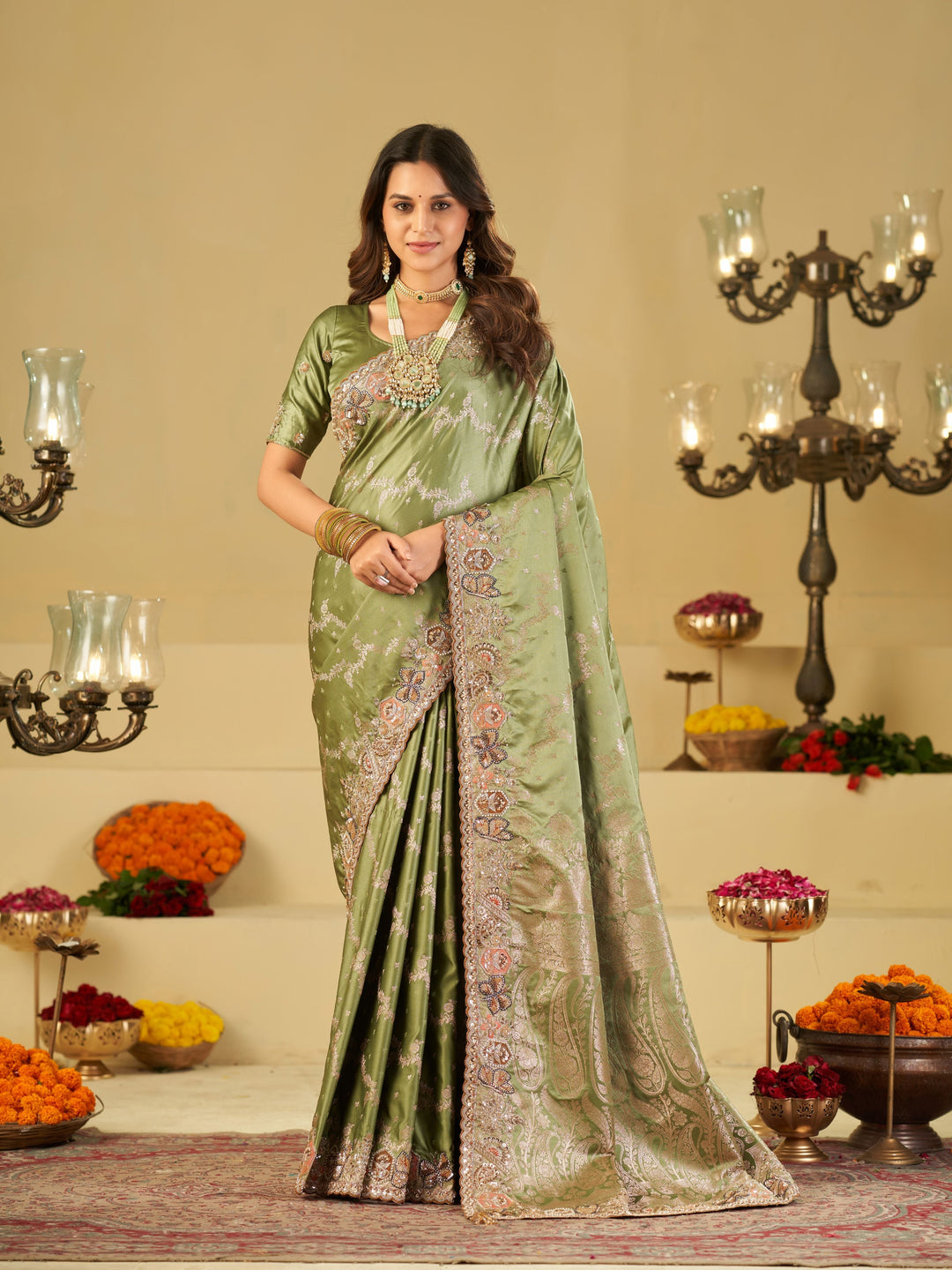 Olive Green Banarasi Silk Saree with Heavy Embroidered Border & Rich Zari Woven Pallu | Designer Wedding & Festive Saree