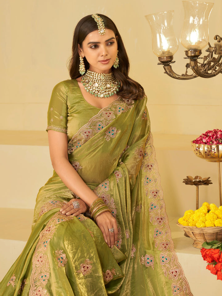 Olive Green Designer Fendy Satin Saree with Heavy Embroidered Border | Elegant Festive Party Wear Saree with Intricate Embroidery & Matching Blouse