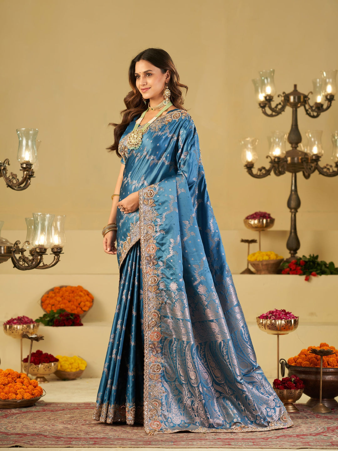 Sky Blue Banarasi Silk Saree with Heavy Embroidered Border & Rich Zari Woven Pallu | Designer Wedding & Festive Saree