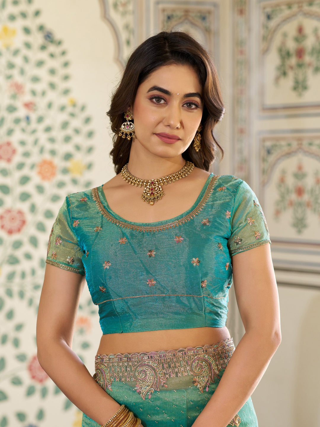 Aqua Green Fendy Satin Embroidered Saree with Paisley Motifs & Zari Border | Designer Festive Saree with Tassels & Heavy Embroidered Blouse