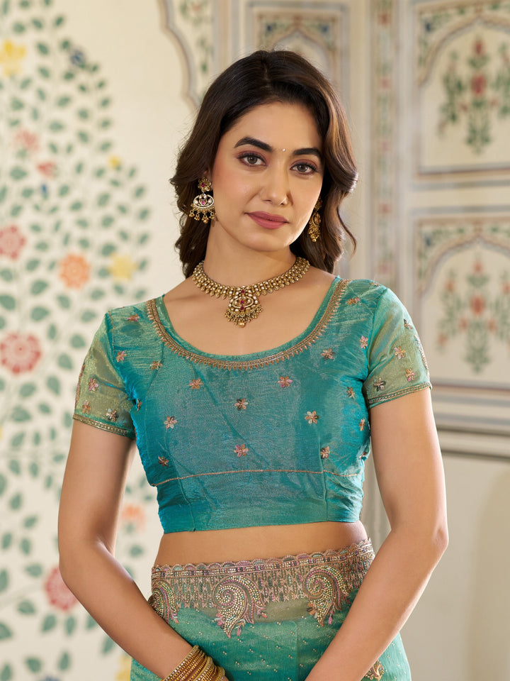 Aqua Green Fendy Satin Embroidered Saree with Paisley Motifs & Zari Border | Designer Festive Saree with Tassels & Heavy Embroidered Blouse