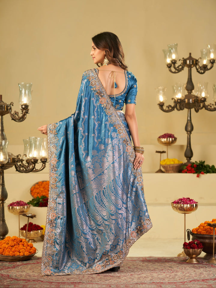 Sky Blue Banarasi Silk Saree with Heavy Embroidered Border & Rich Zari Woven Pallu | Designer Wedding & Festive Saree
